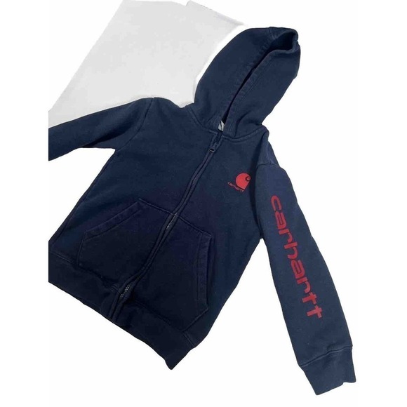 Carhartt Boys Hoodie Sweatshirt Size 6 Kids Full Zip Navy Red Spell Out Arm - Picture 14 of 14
